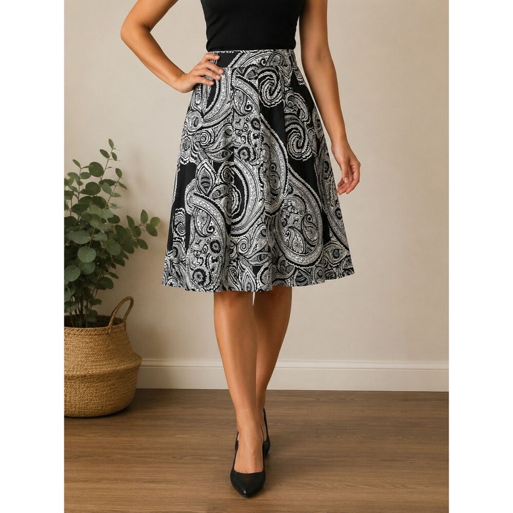 Grace Elements 100% Cotton Black White Paisley A-Line Skirt Women's Size 12 Knee